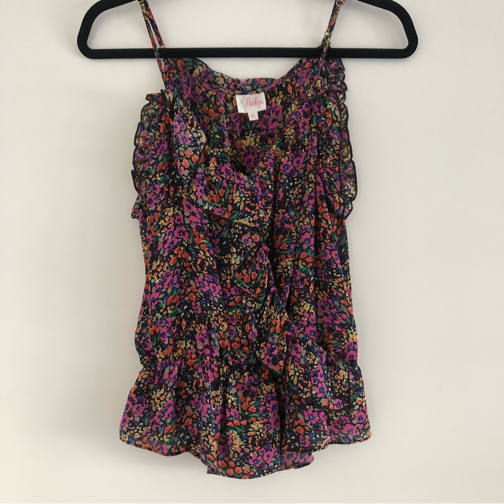 Parker - Silk Ruffle Floral Adjustable Tank Top - Stretch Waist - Size XS